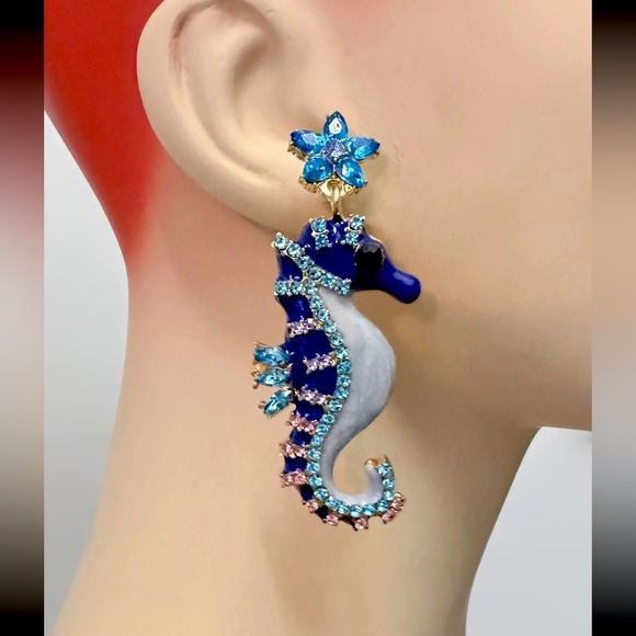 Blue Seahorse Rhinestone Statement Earrings Length 2.5” - Picture 4 of 8